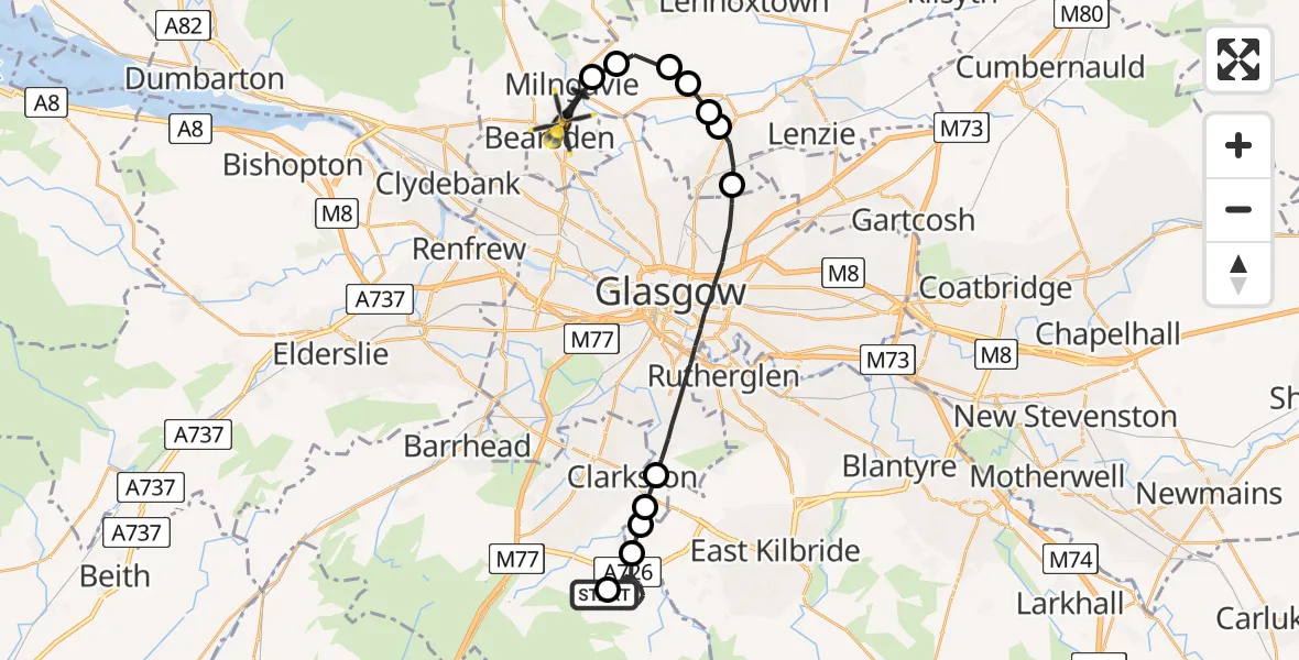 Flight path map showing Police Helicopter route from Waterfoot to Milngavie