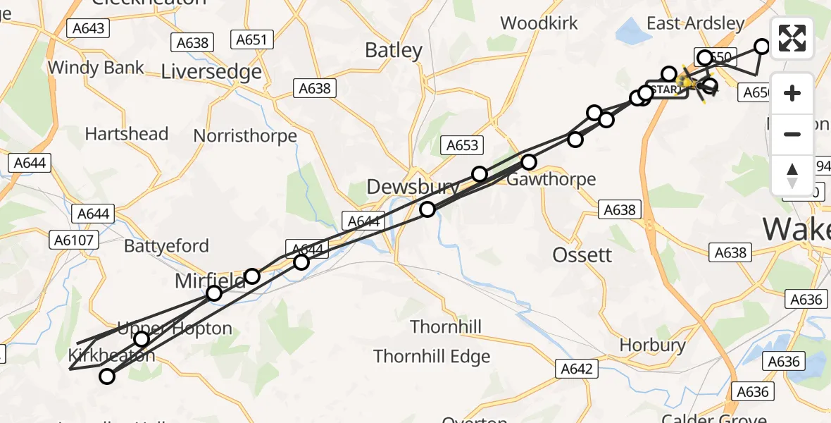Routekaart van de vlucht: Police Helicopter to East Ardsley, Stoney Lane