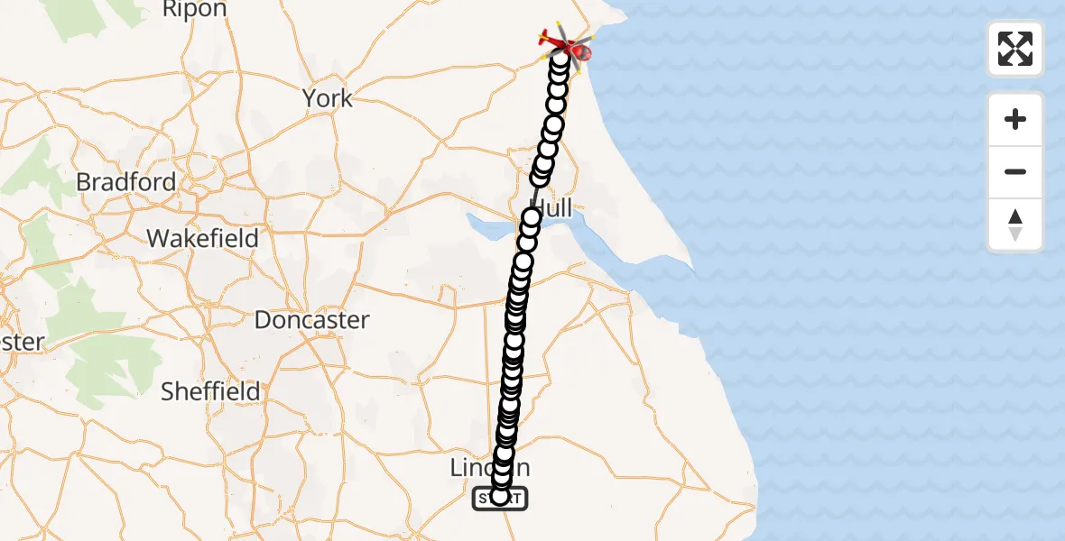 Flight path map showing Air Ambulance Helicopter route from RAF Waddington to Burton Agnes