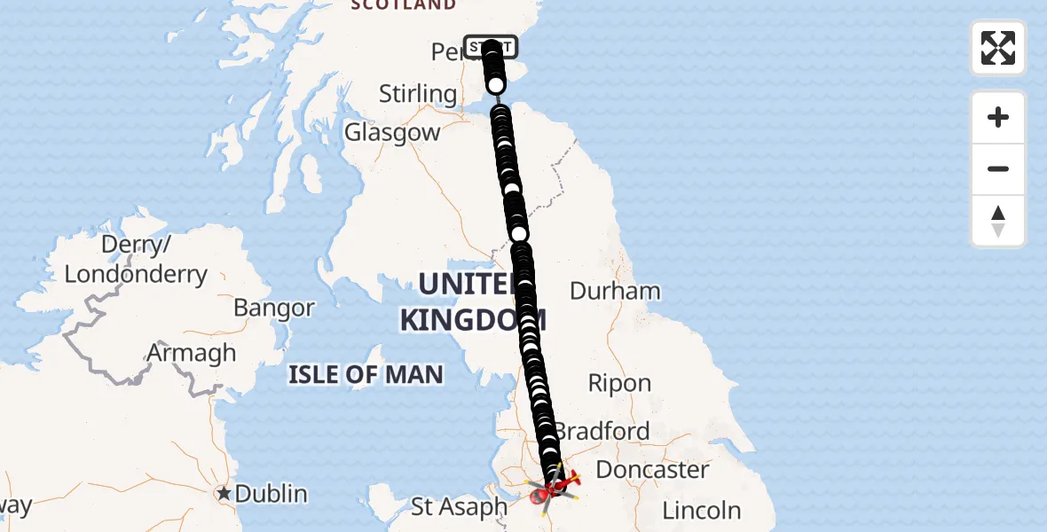 Flight path map showing Air Ambulance Helicopter route from North Sea to Wythenshawe Hospital Helipad