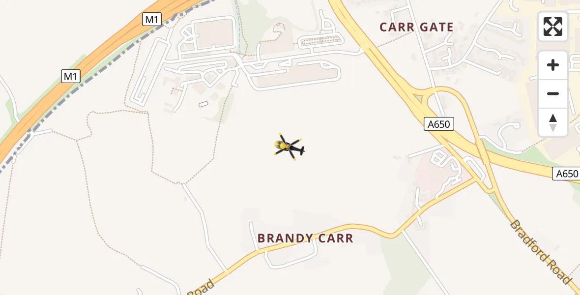 Flight path map showing Police Helicopter route from East Ardsley to East Ardsley