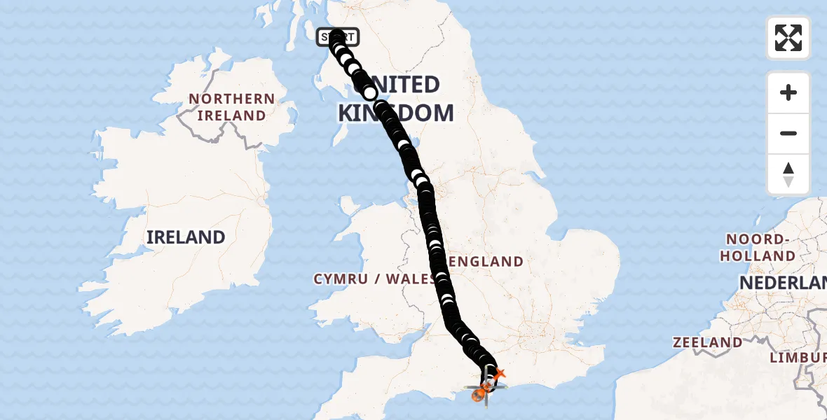 Flight path map showing Coastguard Helicopter route from Glasgow Prestwick Airport to Solent Airport