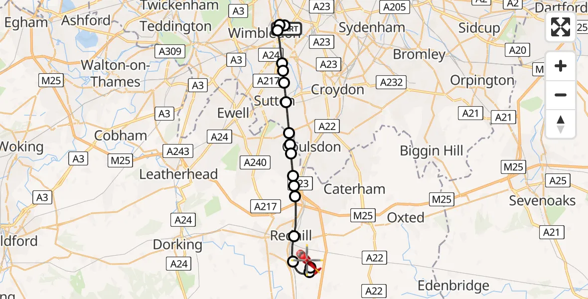 Flight path map showing Air Ambulance Helicopter route from St Georges Hospital to Redhill Aerodrome