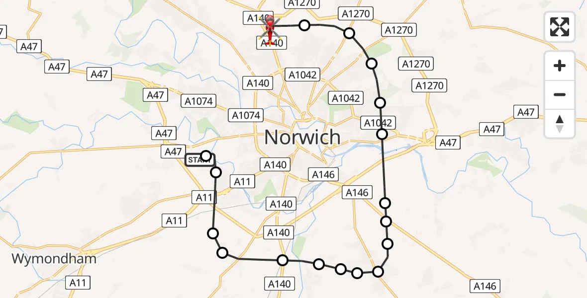 Flight path map showing Air Ambulance Helicopter route from Norfolk & Norwich Hospital to Norwich Airport