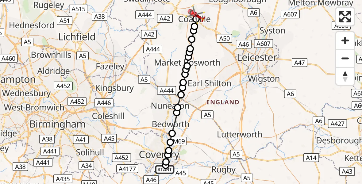 Flight path map showing Air Ambulance Helicopter route from Coventry Airport to Coalville