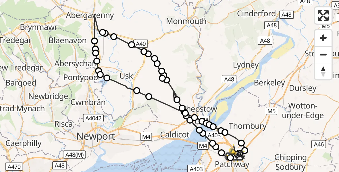 Flight path map showing Police Helicopter route from Almondsbury Helicopter Base to Almondsbury Helicopter Base