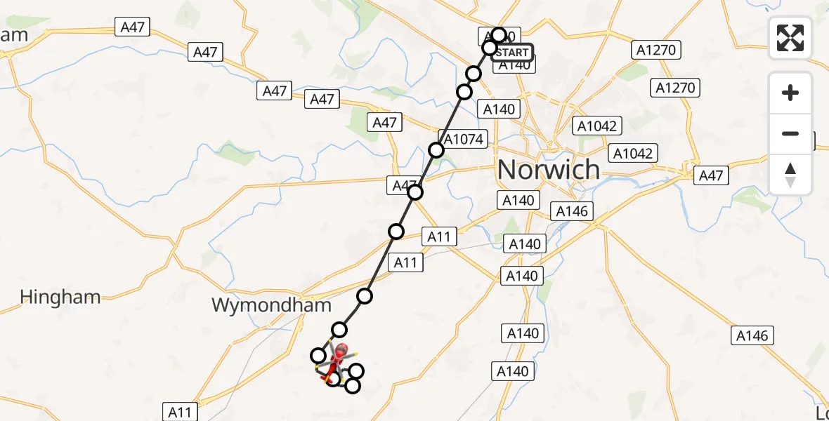 Flight path map showing Air Ambulance Helicopter route from Norwich Airport to Wreningham