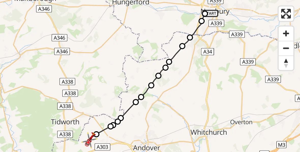 Flight path map showing Air Ambulance Helicopter route from Newbury to Kimpton
