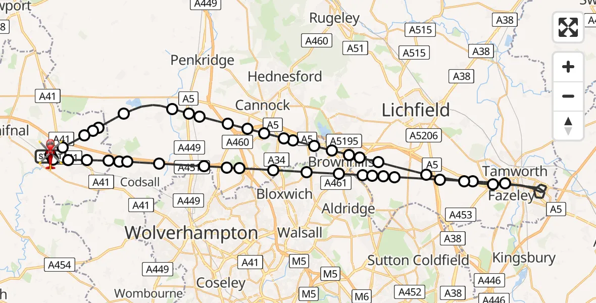 Flight path map showing Air Ambulance Helicopter route from RAF Cosford to Cosford