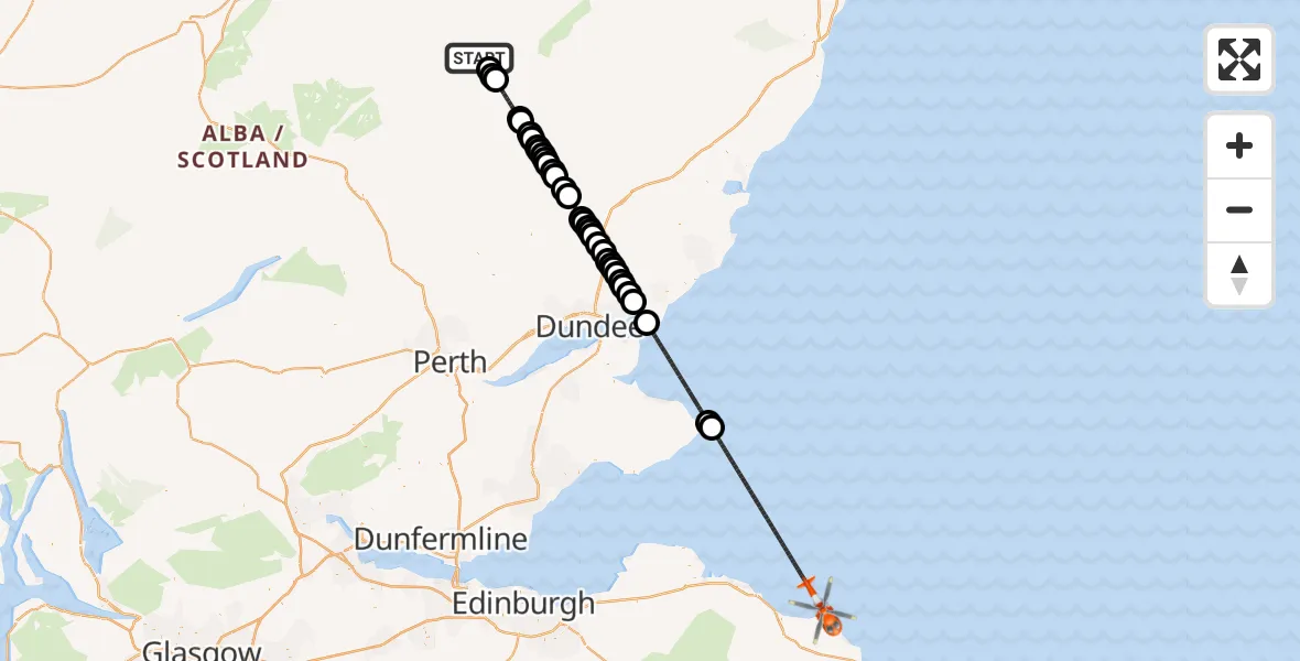 Flight path map showing Coastguard Helicopter route from Aberdeenshire to North Sea