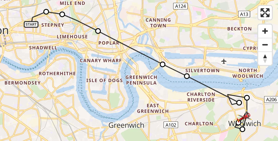Flight path map showing Air Ambulance Helicopter route from Royal London Hospital to Charlton Riverside