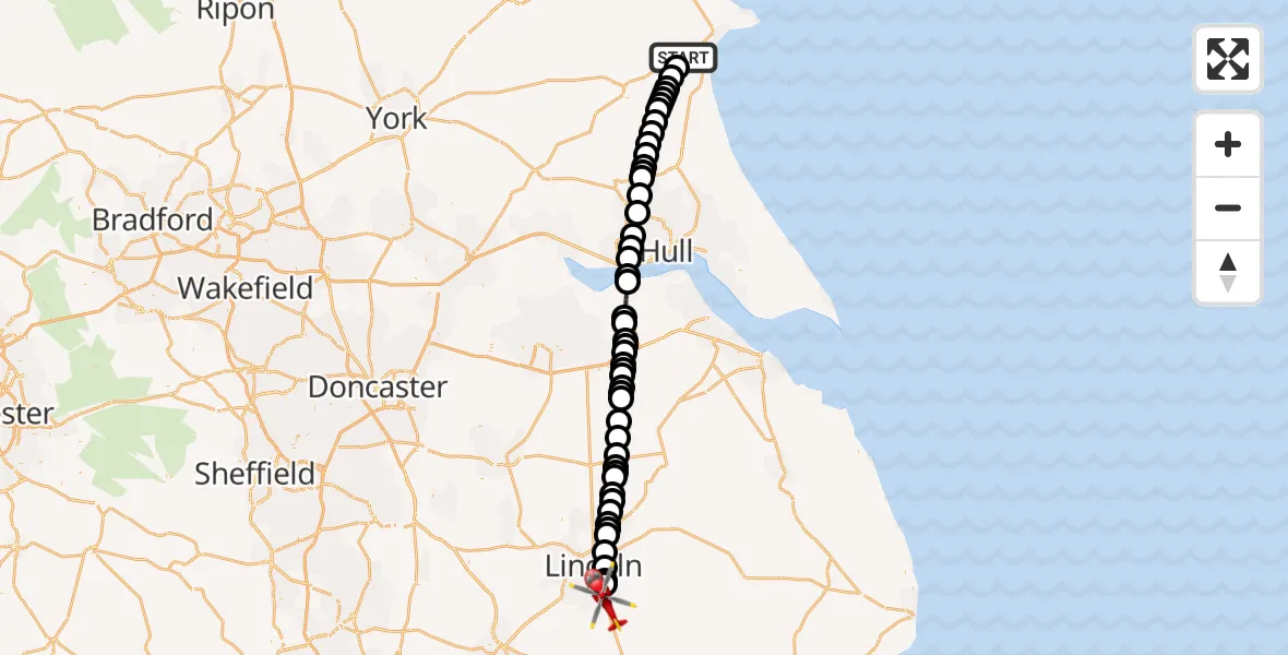 Routekaart van de vlucht: Air Ambulance Helicopter to North Kesteven, Sleaford Road