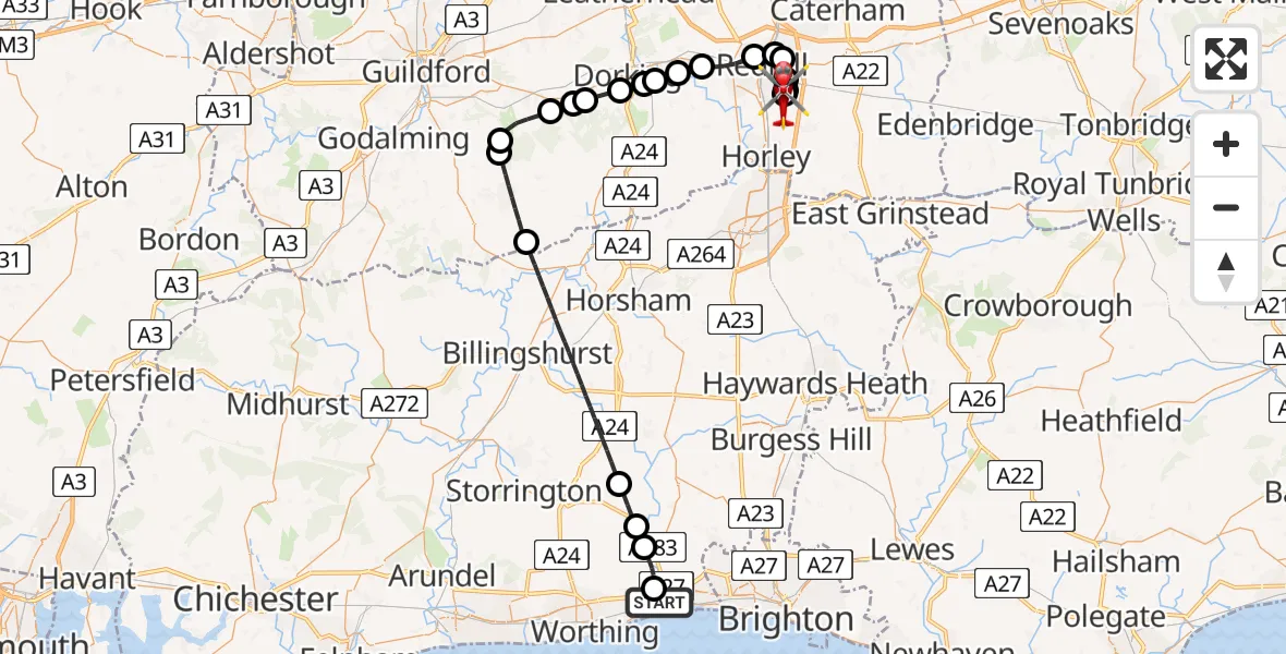 Flight path map showing Air Ambulance Helicopter route from Brighton City Airport to Redhill Aerodrome