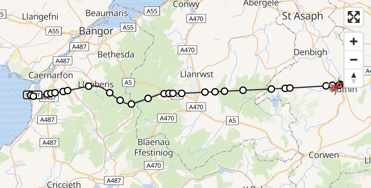 Flight path map showing Air Ambulance Helicopter route from Caernarfon Airport to Rhewl