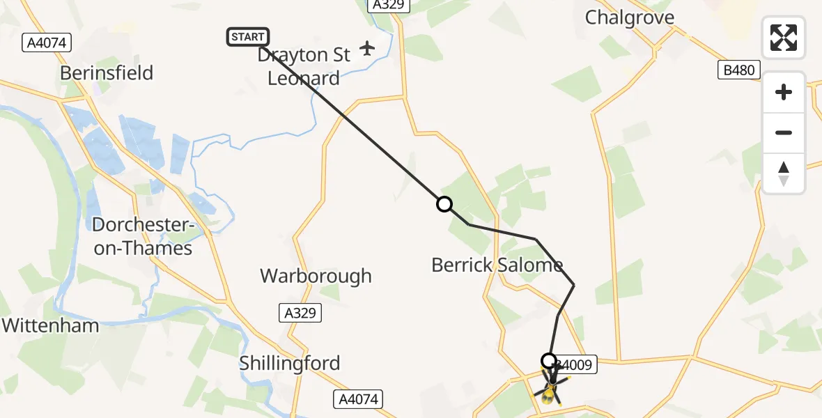 Flight path map showing Police Helicopter route from Drayton St. Leonard to Benson