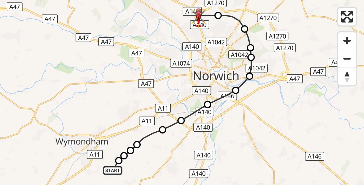 Flight path map showing Air Ambulance Helicopter route from Wreningham to Norwich Airport