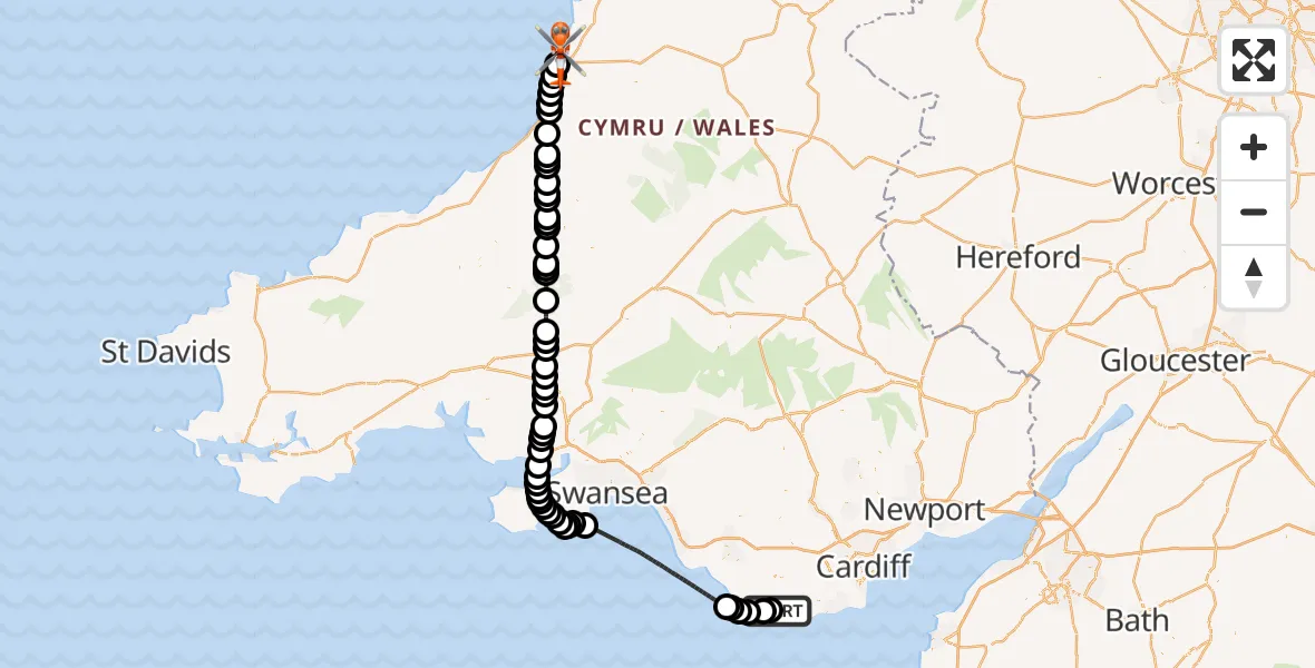 Flight path map showing Coastguard Helicopter route from MOD St Athan to Aberystwyth