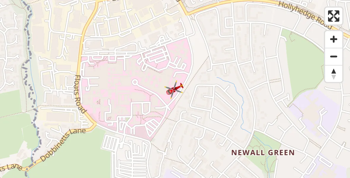 Flight path map showing Air Ambulance Helicopter route from Wythenshawe Hospital Helipad to Wythenshawe Hospital Helipad