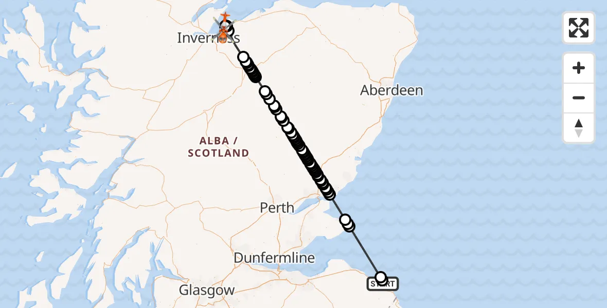Flight path map showing Coastguard Helicopter route from Coldingham to Inverness Airport