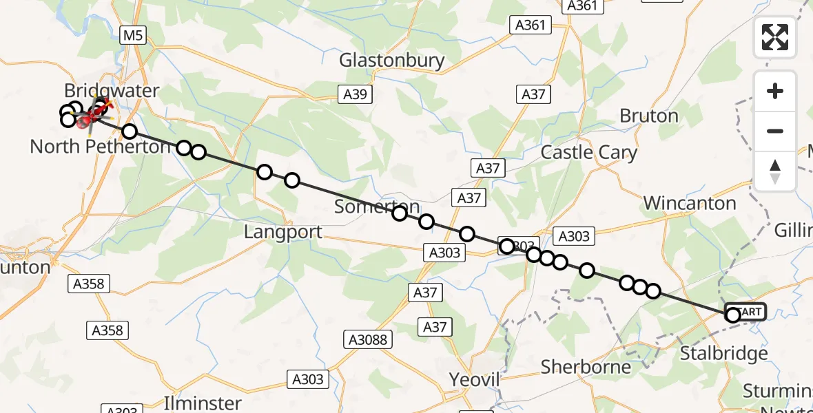 Flight path map showing Air Ambulance Helicopter route from Henstridge Airfield to North Petherton