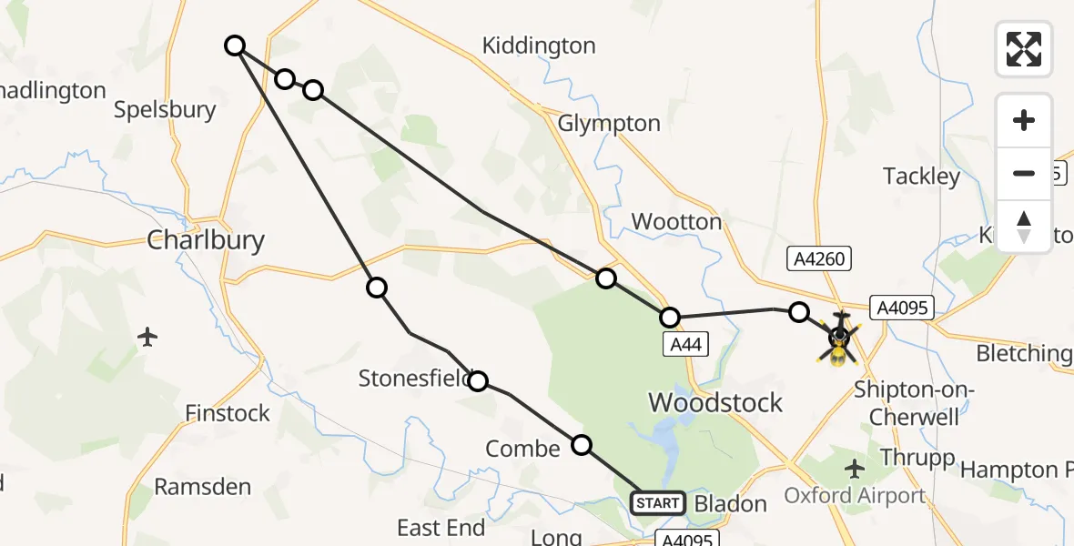 Flight path map showing Police Helicopter route from West Oxfordshire to Shipton-on-Cherwell