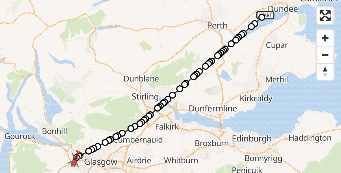 Flight path map showing Air Ambulance Helicopter route from Monorgan to Glasgow Airport