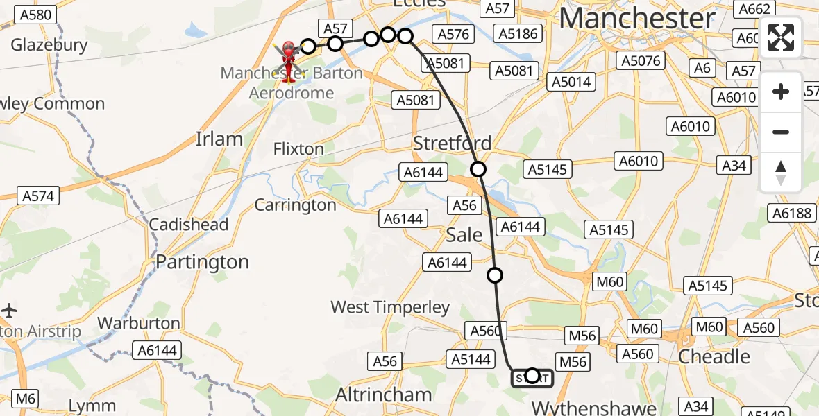 Flight path map showing Air Ambulance Helicopter route from Wythenshawe Hospital Helipad to Manchester Barton Aerodrome