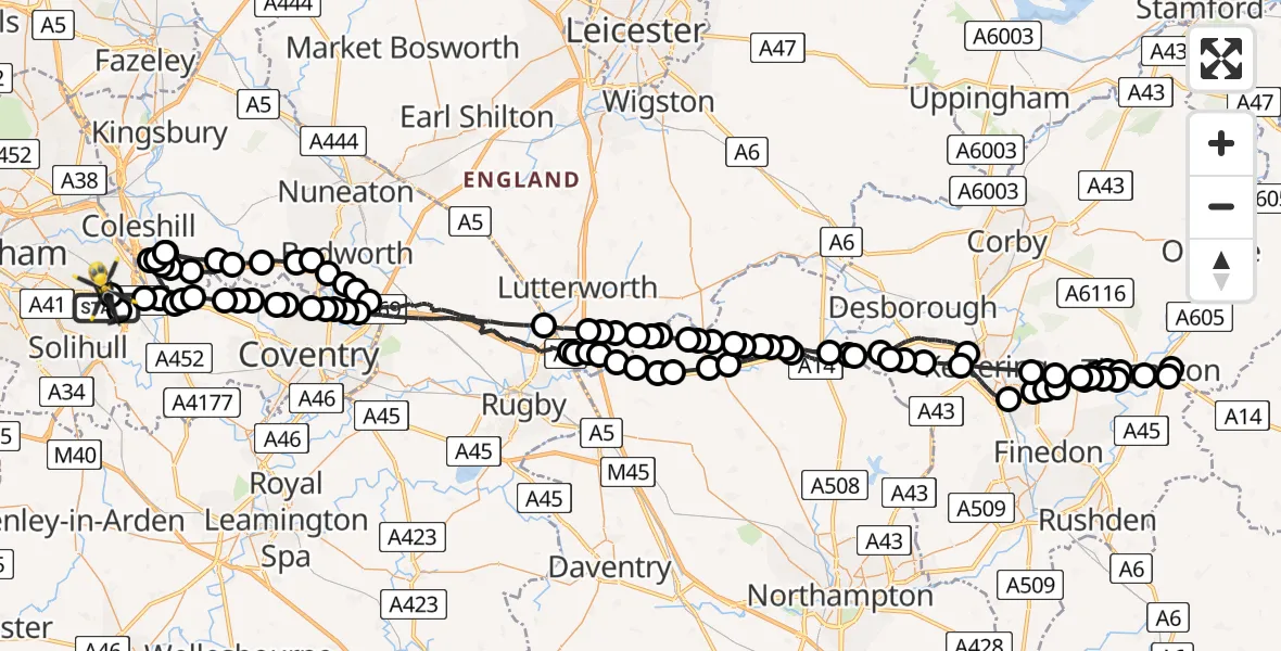 Flight path map showing Police Helicopter route from Birmingham Airport to Birmingham Airport