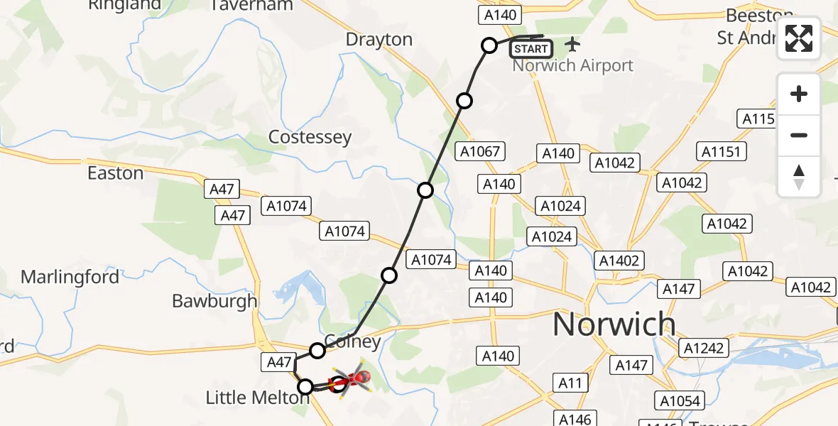 Flight path map showing Air Ambulance Helicopter route from Norwich Airport to Norfolk & Norwich Hospital