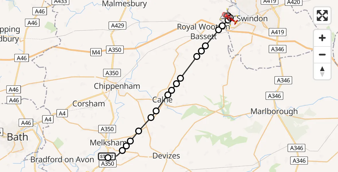 Flight path map showing Air Ambulance Helicopter route from Wiltshire Air Ambulance to Grange Park