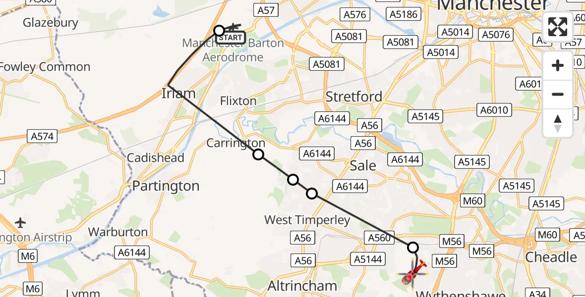 Flight path map showing Air Ambulance Helicopter route from Manchester Barton Aerodrome to Wythenshawe Hospital Helipad