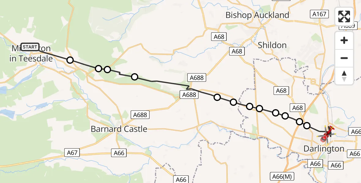 Flight path map showing Air Ambulance Helicopter route from Middleton in Teesdale to Darlington