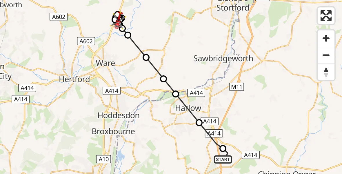 Flight path map showing Air Ambulance Helicopter route from North Weald Airfield to High Cross