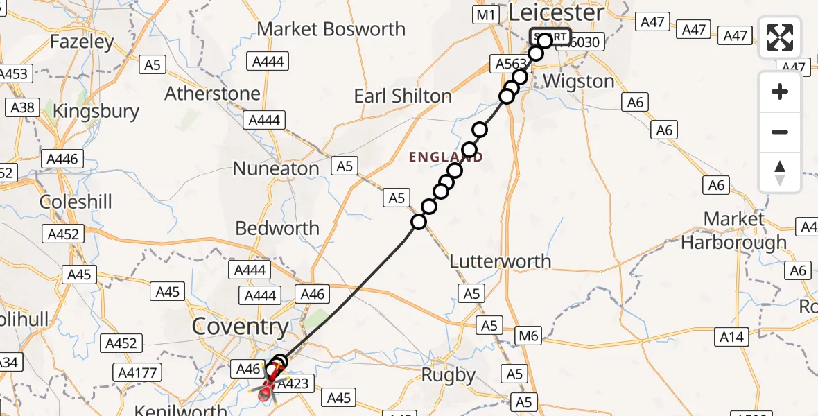Flight path map showing Air Ambulance Helicopter route from Bede Island to Coventry Airport