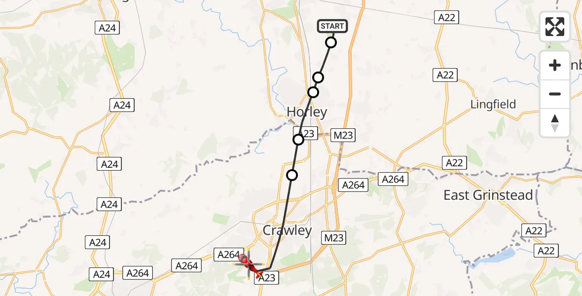 Flight path map showing Air Ambulance Helicopter route from Redhill Aerodrome to Crawley