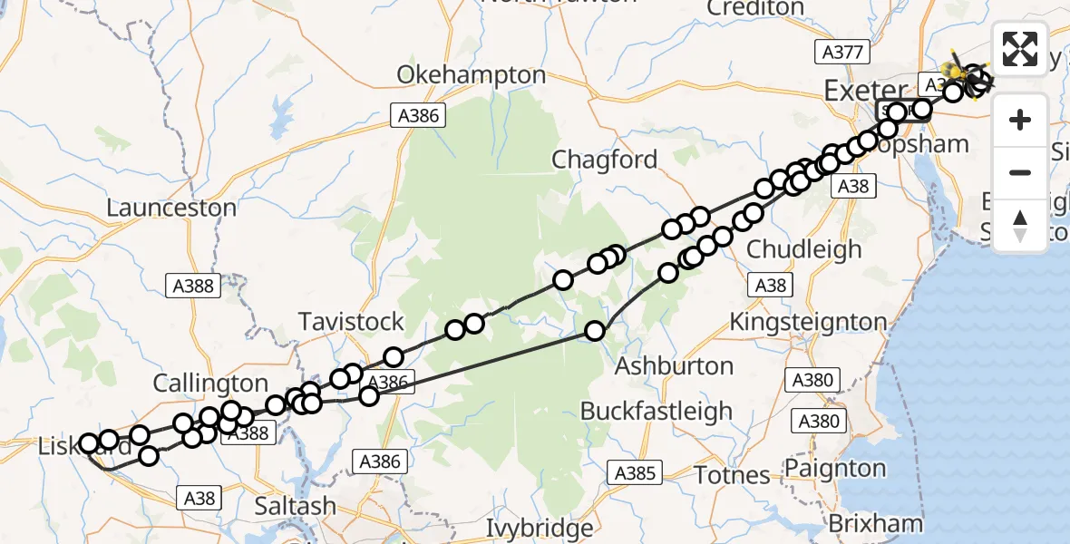 Flight path map showing Police Helicopter route from Exeter to Exeter International Airport