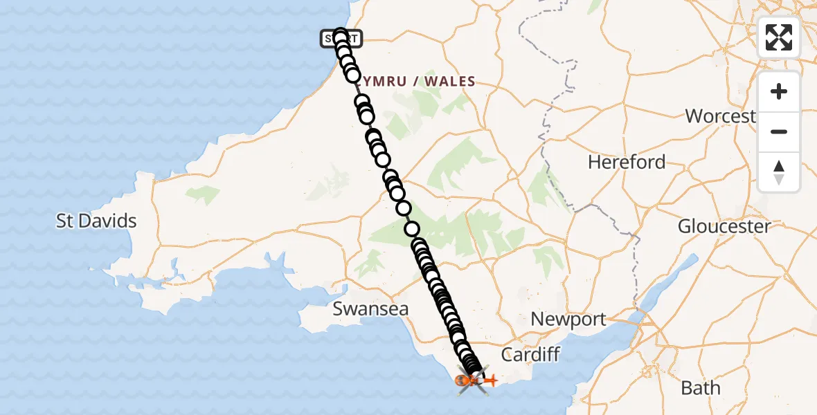 Flight path map showing Coastguard Helicopter route from Aberystwyth to MOD St Athan