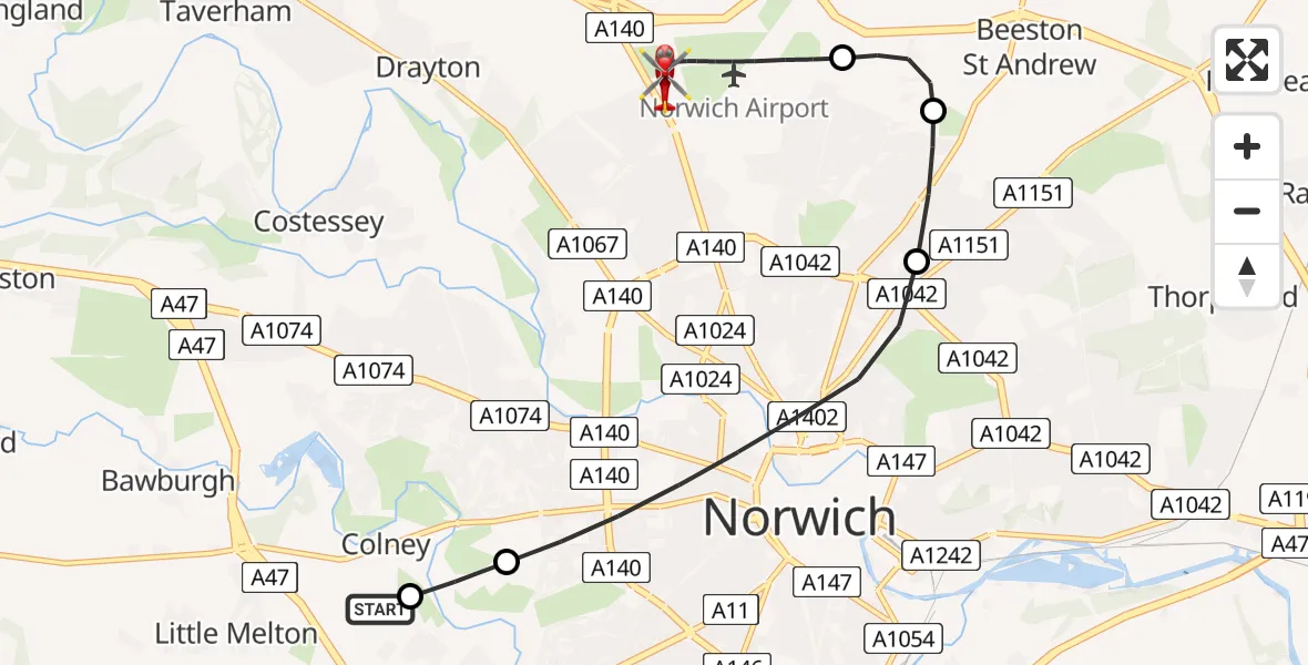Flight path map showing Air Ambulance Helicopter route from Norfolk & Norwich Hospital to Norwich Airport