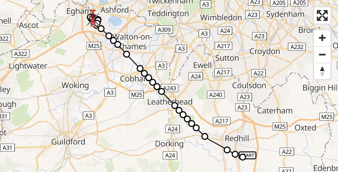 Flight path map showing Air Ambulance Helicopter route from Redhill Aerodrome to Pooley Green