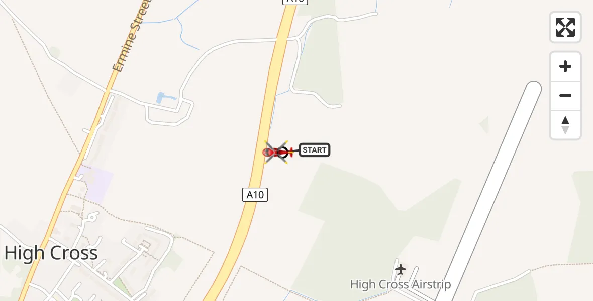 Flight path map showing Air Ambulance Helicopter route from Wadesmill to High Cross