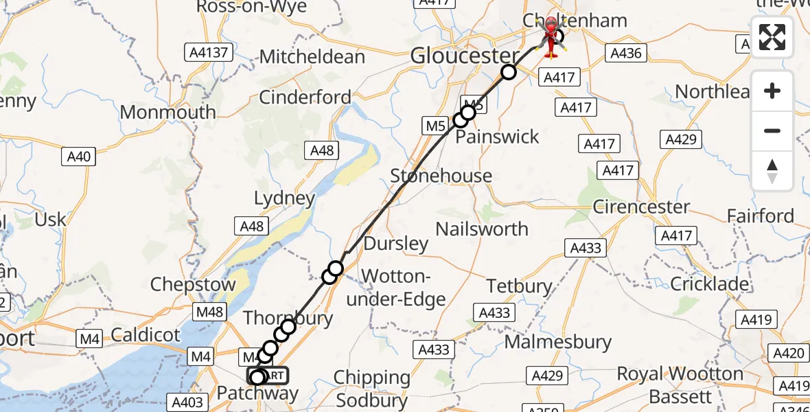 Flight path map showing Air Ambulance Helicopter route from Almondsbury Helicopter Base to Cheltenham