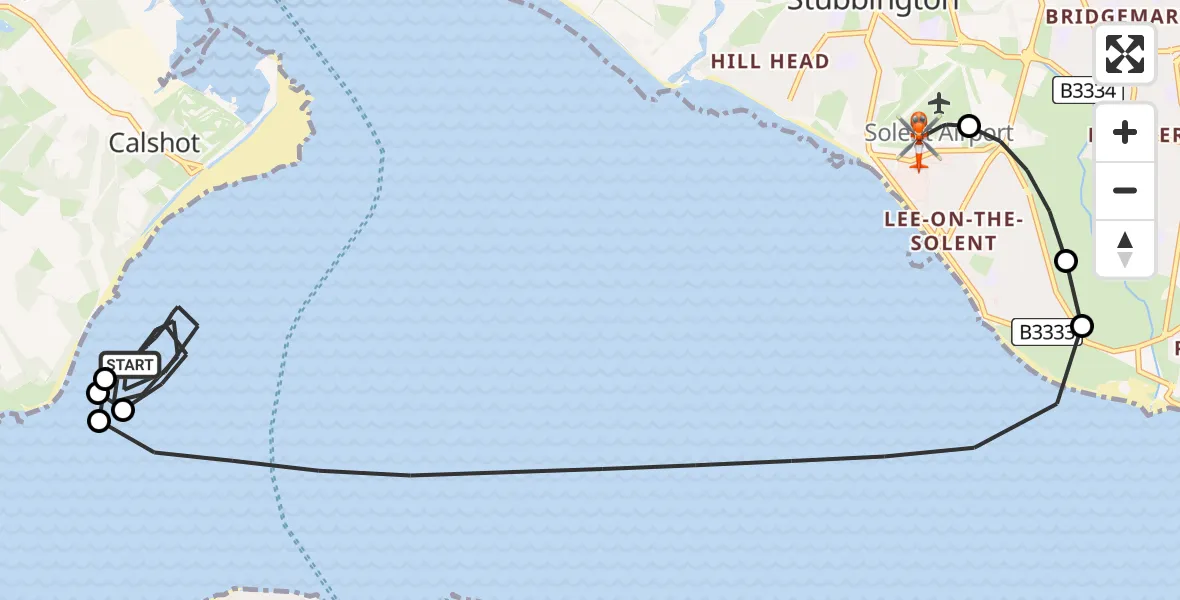 Flight path map showing Coastguard Helicopter route from English Channel to Solent Airport