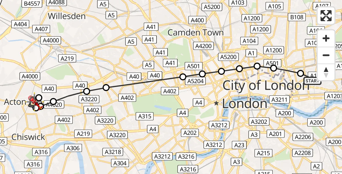 Flight path map showing Air Ambulance Helicopter route from Royal London Hospital to Ealing