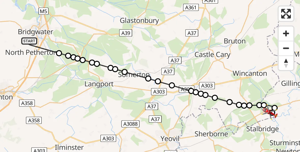 Flight path map showing Air Ambulance Helicopter route from North Petherton to Henstridge Airfield