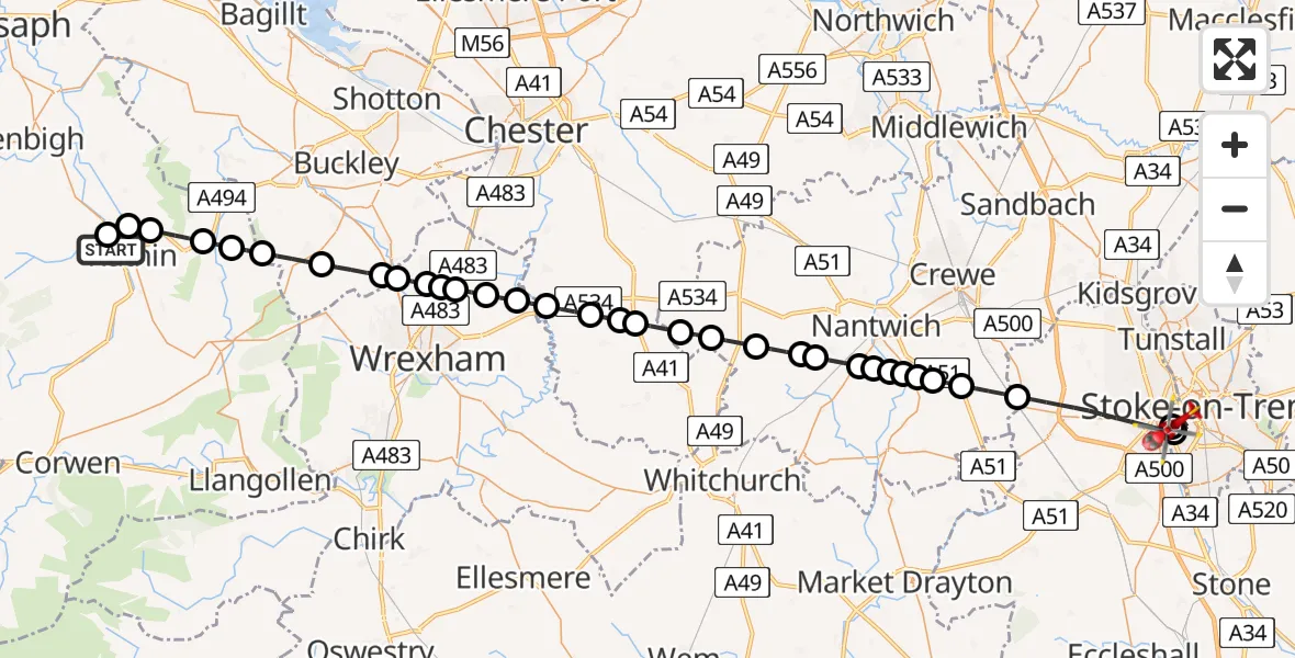 Flight path map showing Air Ambulance Helicopter route from Llanfwrog to University Hospital North Staffs