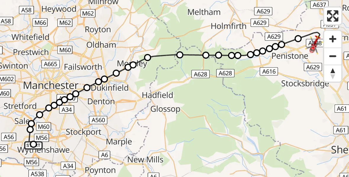 Flight path map showing Air Ambulance Helicopter route from Wythenshawe Hospital Helipad to Barnsley