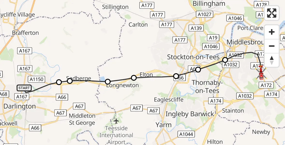 Routekaart van de vlucht: Air Ambulance Helicopter to James Cook University Hospital