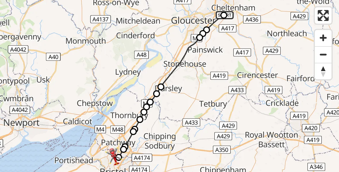 Flight path map showing Air Ambulance Helicopter route from Cheltenham to Bristol