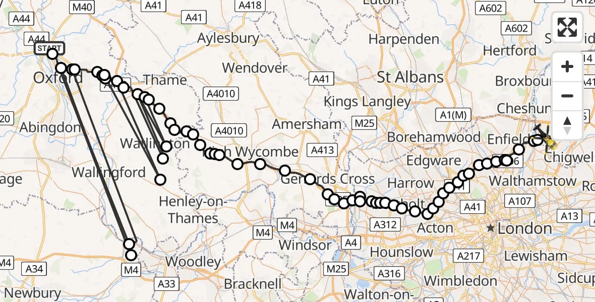 Flight path map showing Police Helicopter route from Cherwell to Sewardstonebury