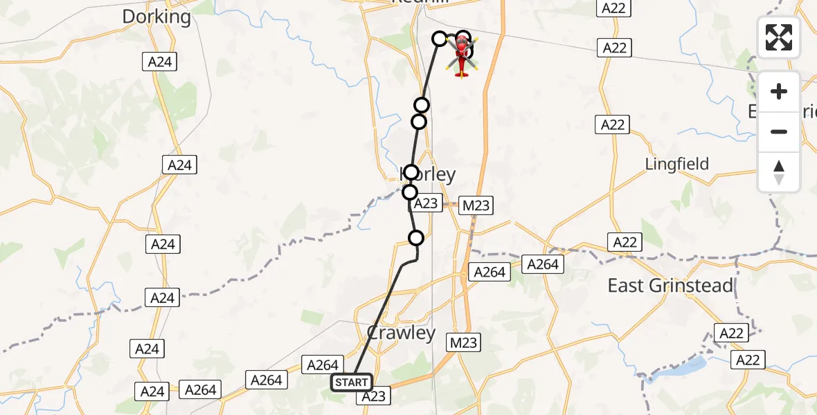 Flight path map showing Air Ambulance Helicopter route from Crawley to Redhill Aerodrome